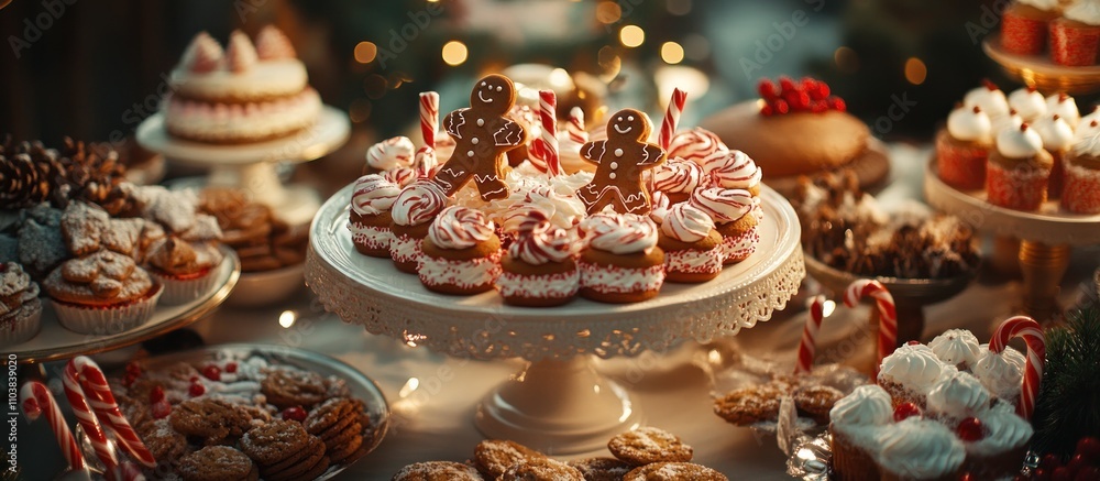 Festive Christmas dessert table with gingerbread men, peppermint, and various sweet treats. Festive Christmas dessert table with gingerbread men, peppermint, and various sweet treats.