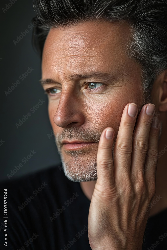 Fototapeta premium A Caucasian middle-aged man with smooth, hydrated skin gently placing his hand on his cheek, set against a clean, monochrome background with subtle lighting