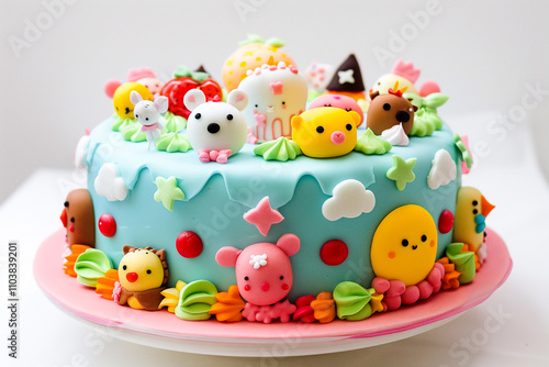 A colorful cake decorated with cute animal-shaped fondants, perfect for a fun celebration.