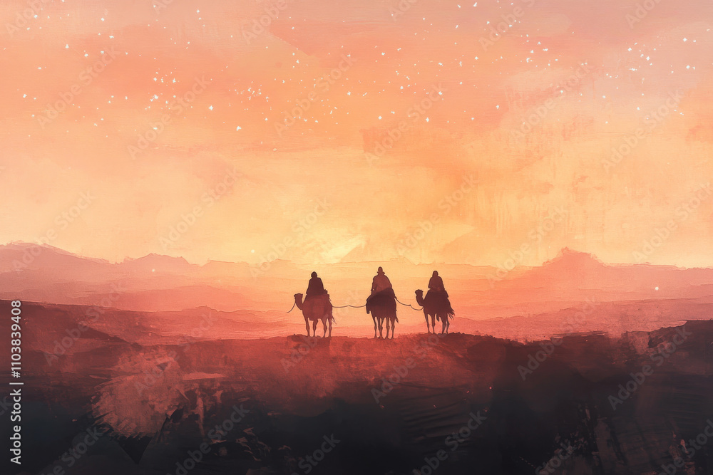 Fototapeta premium A majestic digital watercolor scene of the three Magi riding camels across the vast desert, their caravan silhouetted against the setting sun, with soft desert tones and the faint glow of stars above
