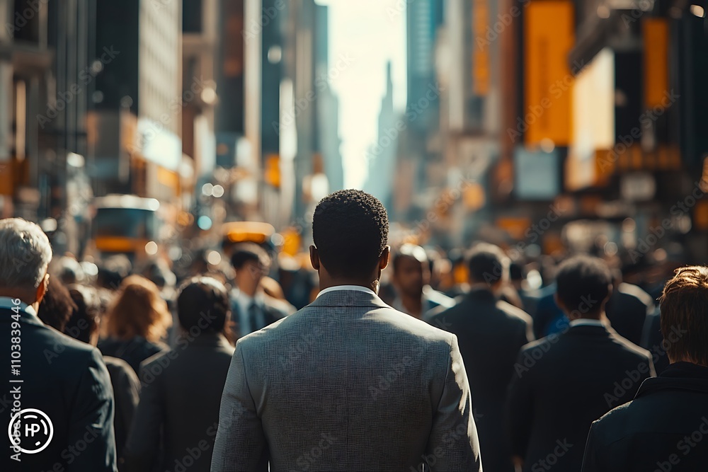 Diverse Metropolis Professional in Grey Suit Amidst Moving Crowd Diverse Metropolis Professional in Grey Suit Amidst Moving Crowd
