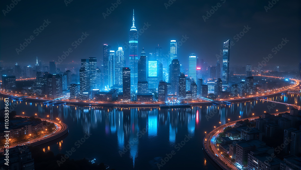 Naklejka premium A futuristic city skyline with multiple glowing 5G communication towers and digital signals.