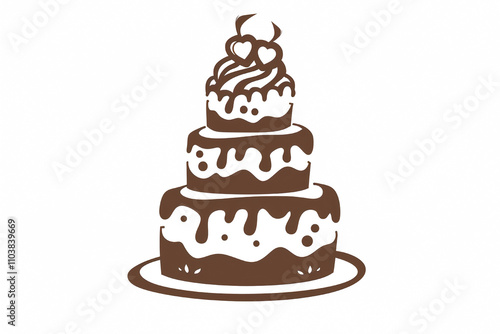 Illustration of a tiered cake with icing drips and decorative hearts, isolated on a white background.