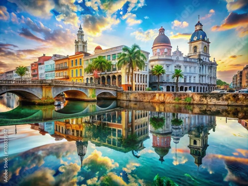 Stunning Double Exposure Photography of Recife Antigo's Marco Zero, Featuring Historic Architecture, Urban Landscapes, and the Vibrant Canals and Bridges of the Pernambuco City Center photo