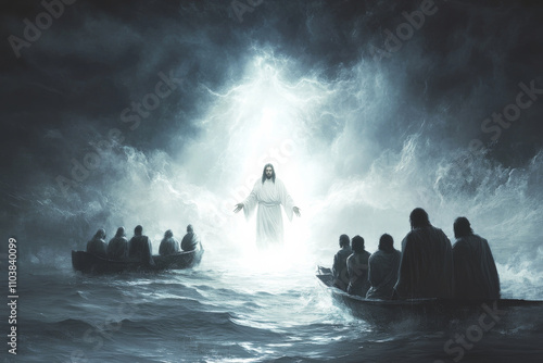 A digital painting of Jesus walking on water, His figure glowing with divine light as He approaches the boat with His disciples. The disciplesâ€™ faces are filled with awe and wonder as they witness photo