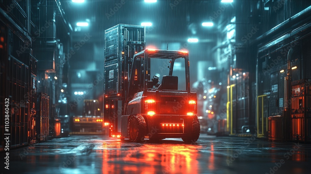 Fototapeta premium A futuristic warehouse scene featuring a forklift among shipping containers in a neon-lit environment.