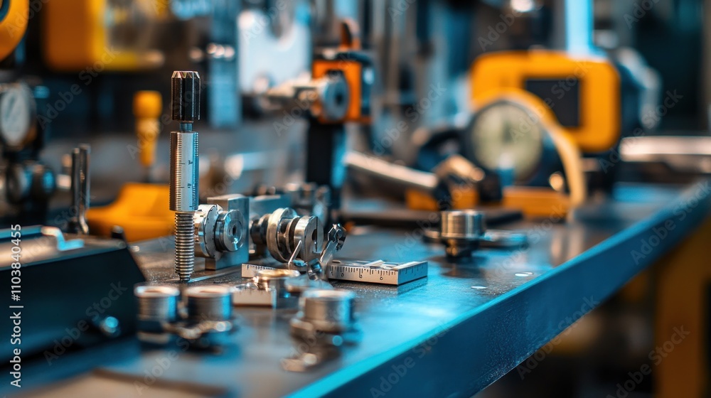 Precision tools and machinery on a workbench in a factory setting. Precision tools and machinery on a workbench in a factory setting.