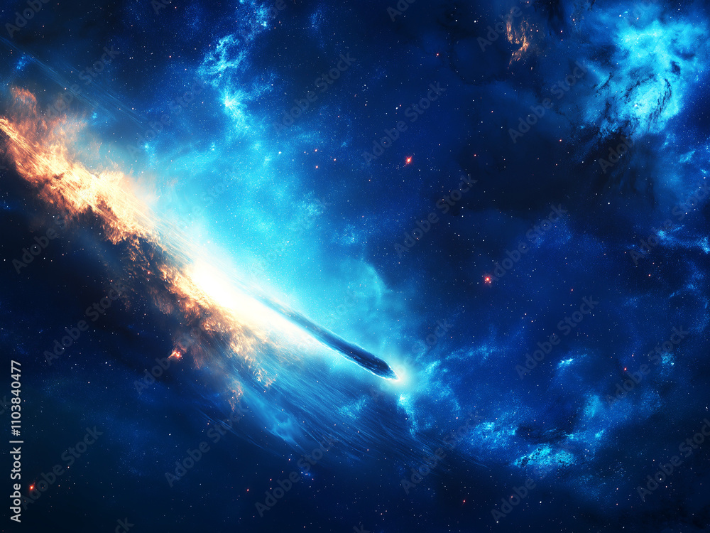 Fototapeta premium A flying comet cuts through a galaxy with bright blue and orange hues