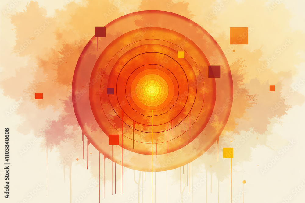 Obraz premium Warm orange watercolor concentric circles with abstract splash effect