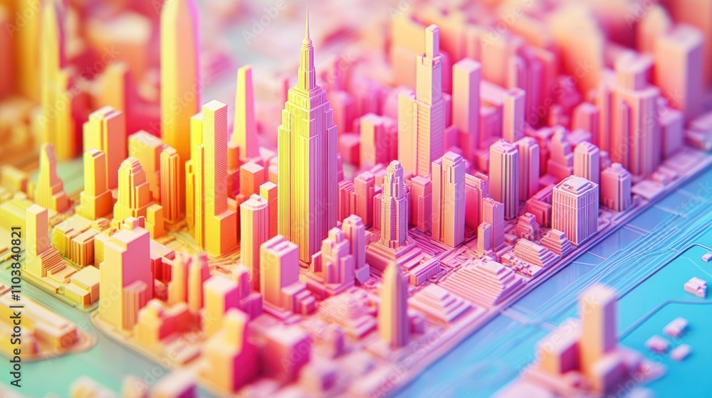 A colorful 3D model of a city skyline, highlighting architectural features and urban design. A colorful 3D model of a city skyline, highlighting architectural features and urban design.