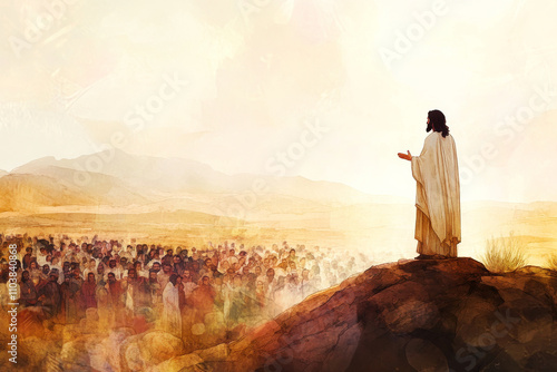 A digital watercolor scene of Jesus standing on a rock, preaching to a large crowd of followers in the desert. The warm desert landscape stretches out in the background, with soft light shining on His
