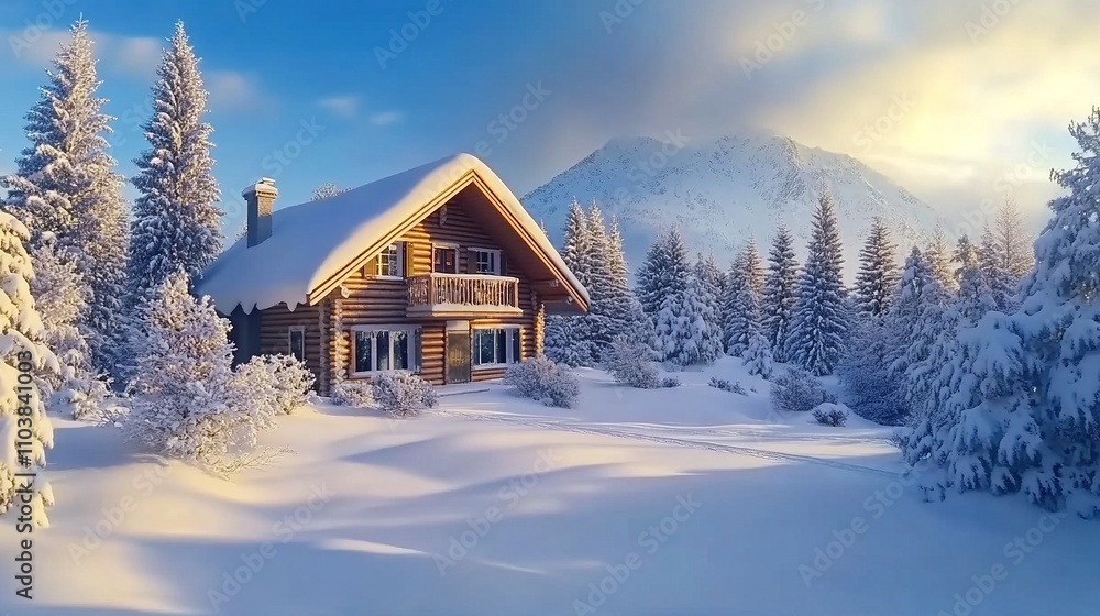 Snowy winter landscape with one cozy house and pine trees Snowy winter landscape with one cozy house and pine trees