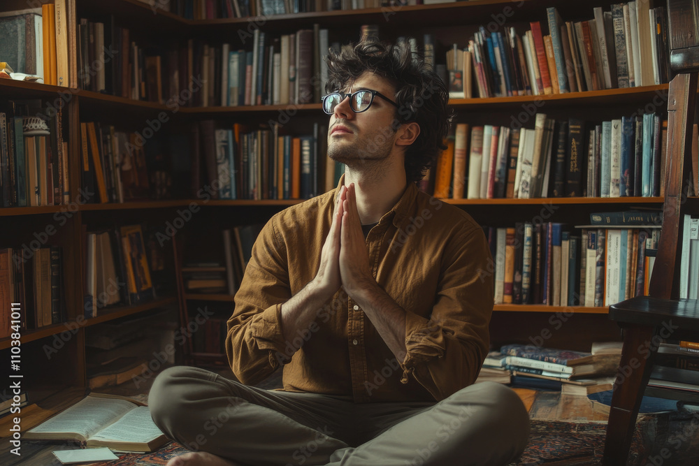 A man dressed in comfortable clothing and eyeglasses, sitting on the floor with his hands clasped in prayer, surrounded by a bookshelf stacked with books. The warm, inviting atmosphere of the home is A man dressed in comfortable clothing and eyeglasses, sitting on the floor with his hands clasped in prayer, surrounded by a bookshelf stacked with books. The warm, inviting atmosphere of the home is