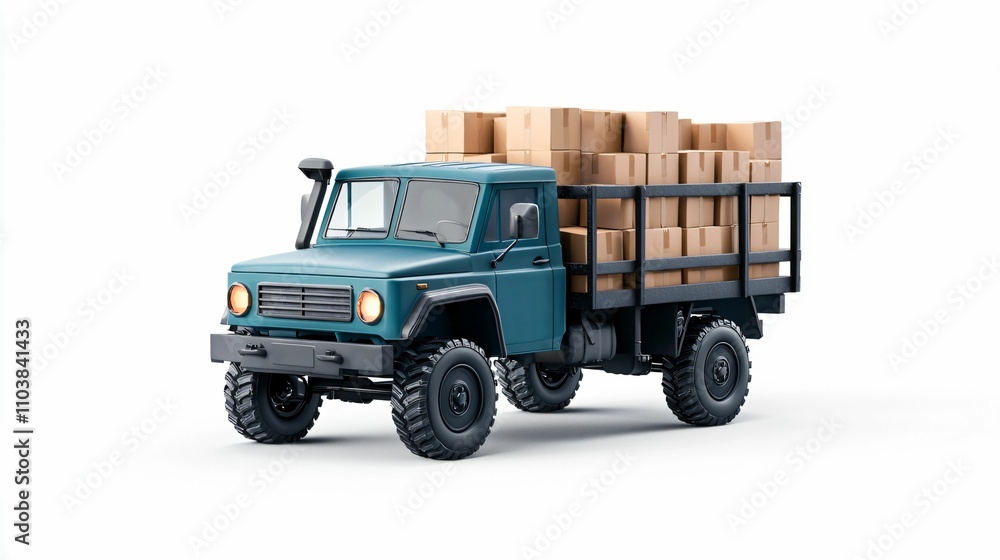 Delivery route with box Toy truck loaded with wooden boxes on a white background. Delivery route with box Toy truck loaded with wooden boxes on a white background.