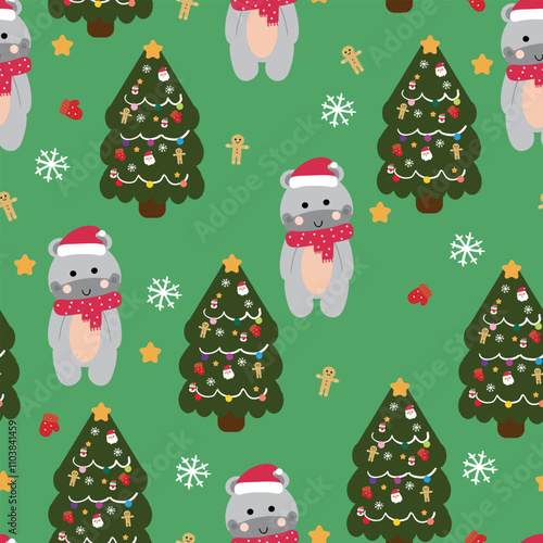 Seamless pattern cartoon hippopotamus and tree christmas. cute christmas and winter wallpaper for fabric print, gift wrap paper