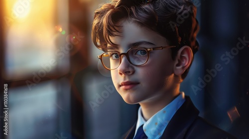 Young boy in a tailored suit and tie poses thoughtfully in digital artwork