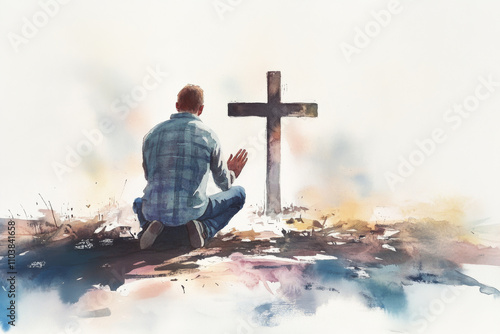 A Christian man on his knees in front of a cross, his hands open in prayer, surrounded by gentle watercolor brushstrokes that evoke a calm, reflective atmosphere, with soft light casting a holy glow