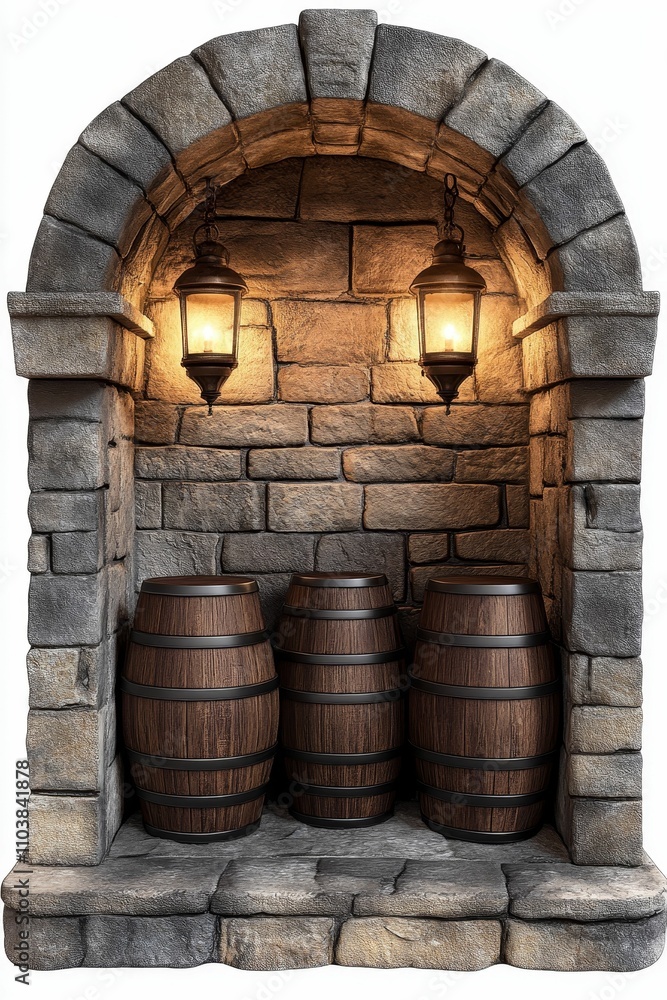 Stone alcove, three barrels, lit lanterns. Stone alcove, three barrels, lit lanterns.