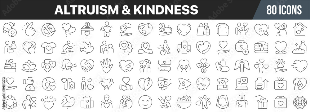 Altruism and kindness line icons collection. Big UI icon set in a flat design. Thin outline icons pack. Vector illustration EPS10 Altruism and kindness line icons collection. Big UI icon set in a flat design. Thin outline icons pack. Vector illustration EPS10