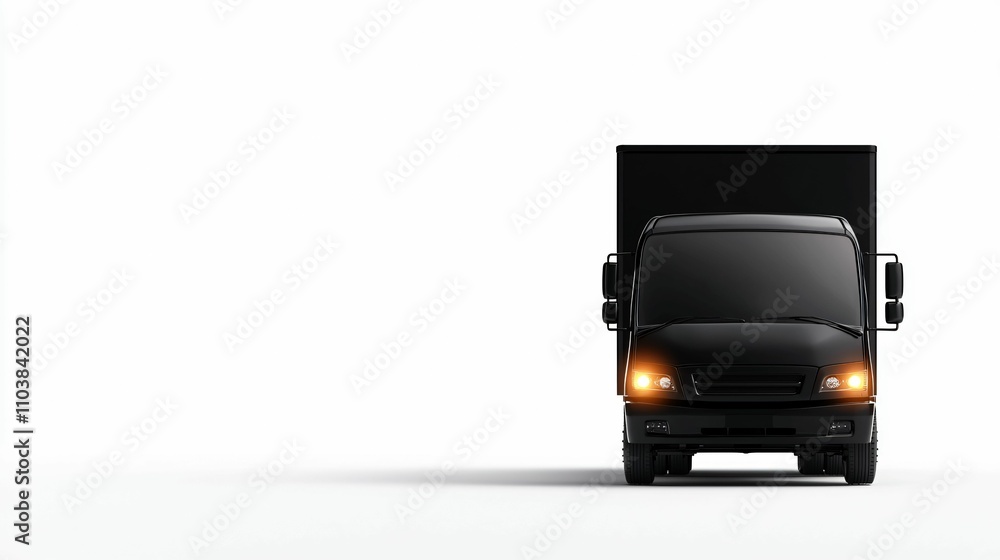 Delivery route with box Black delivery truck facing forward on a white background. Delivery route with box Black delivery truck facing forward on a white background.