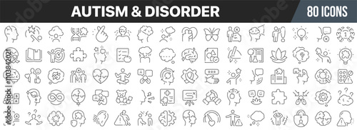 Autism and disorder line icons collection. Big UI icon set in a flat design. Thin outline icons pack. Vector illustration EPS10