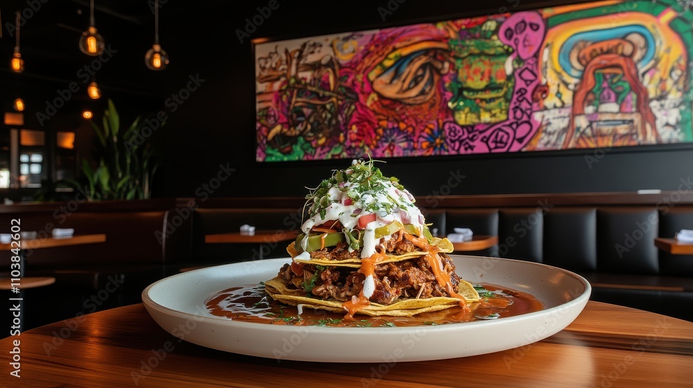 Stacked Tostadas with Pulled Pork, vibrant interior. Stacked Tostadas with Pulled Pork, vibrant interior.