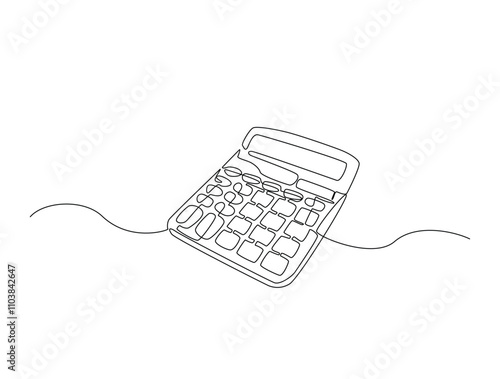 Continuous line drawing art of calculator accounting tool. Calculator in single line draw with active stroke.