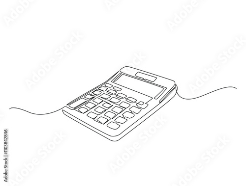 Continuous line drawing art of calculator accounting tool. Calculator in single line draw with active stroke.