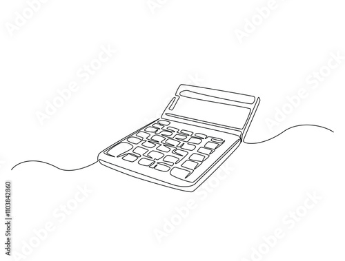 Continuous line drawing art of calculator accounting tool. Calculator in single line draw with active stroke.