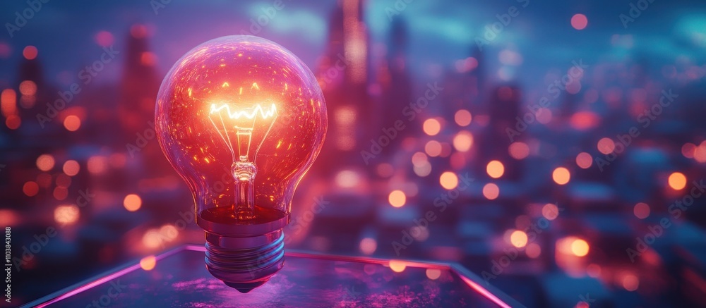 Glowing lightbulb over futuristic city at night. Glowing lightbulb over futuristic city at night.
