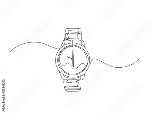 Continuous line drawing art of wristwatch with a strap. men's watch in single line draw with active stroke.