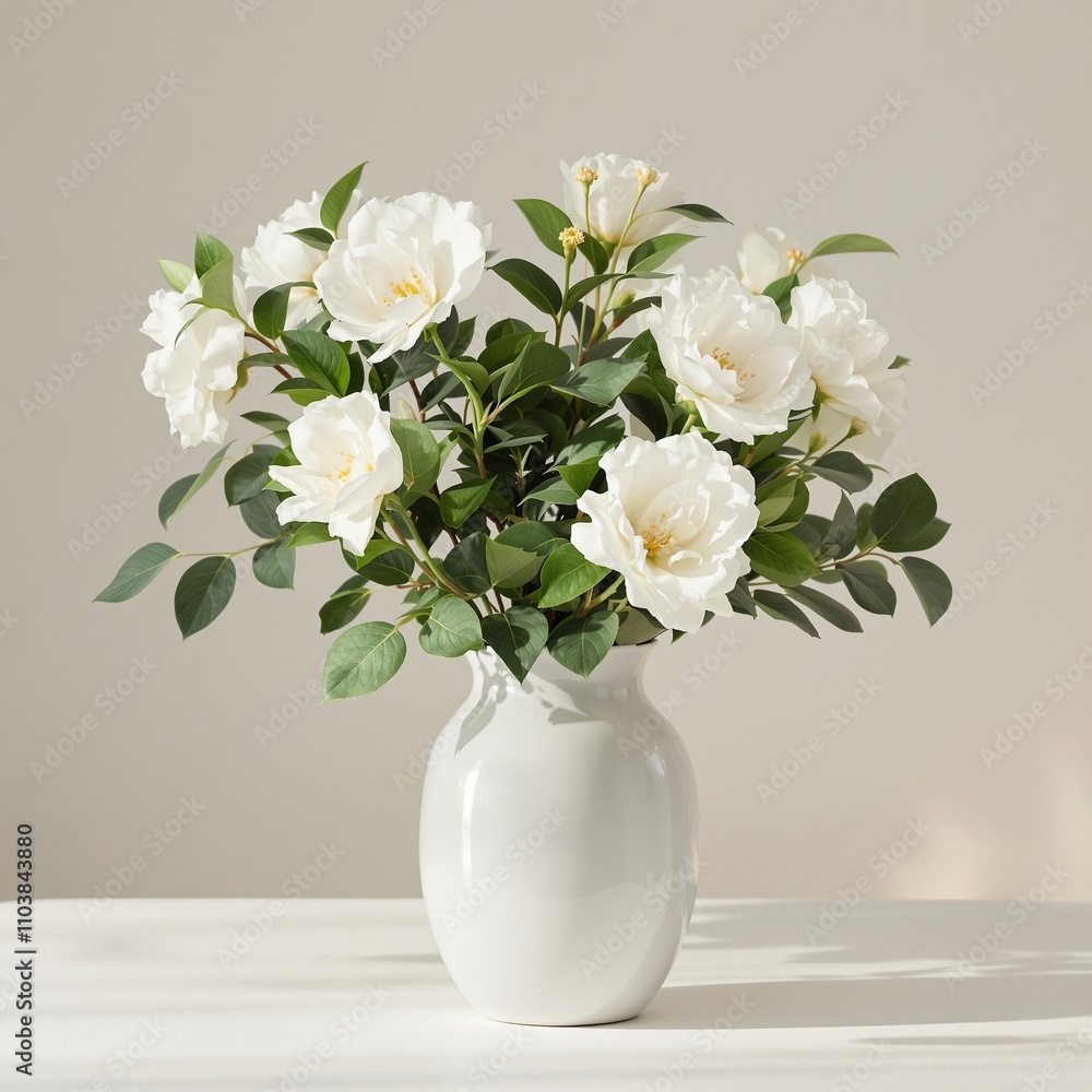 Beautiful white blossoms paired with leafy greens in a white ceramic vase, houseplant, aesthetics, interior, botany Beautiful white blossoms paired with leafy greens in a white ceramic vase, houseplant, aesthetics, interior, botany