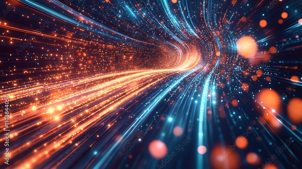 Streaks of light and glowing particles, symbolizing speed, energy, and the dynamic flow of data Streaks of light and glowing particles, symbolizing speed, energy, and the dynamic flow of data