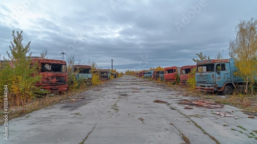 Empty damaged trucks scattered on a desolate street, symbolizing the aftermath of a crisis and the need for resilience and rebuilding. photo