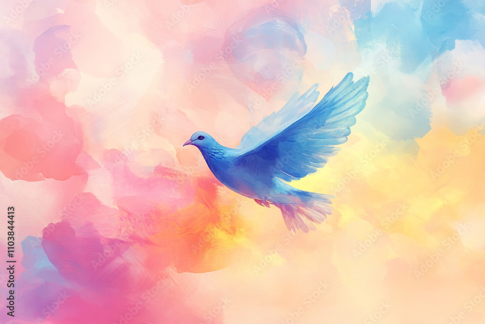 Obraz premium A vibrant digital painting of the Holy Spirit dove in flight, soaring across an abstract, colorful watercolor background. The soft hues of blue, pink, and yellow blend together, creating a sense of