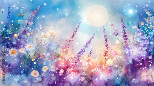 vibrant watercolor scene featuring colorful flowers under glowing moon, creating dreamy atmosphere. blend of colors evokes sense of tranquility and beauty