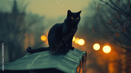 Intriguing nighttime scene jetblack cat on urban rooftop photo