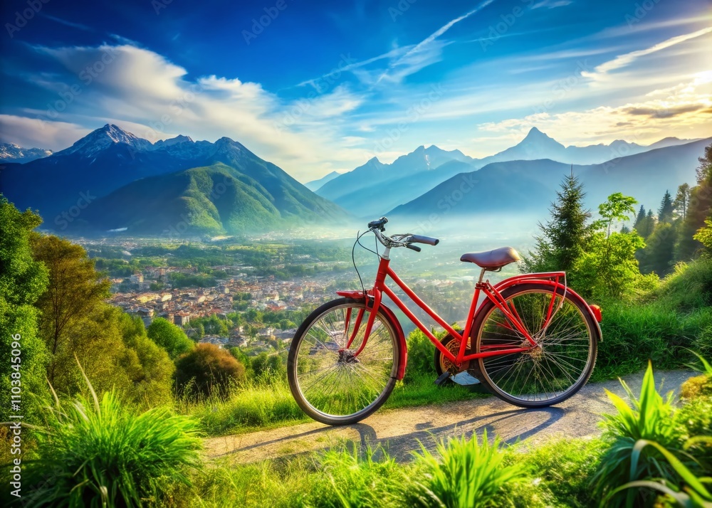 Fototapeta premium Stunning Landscape Photography of a Red Bike with City and Mountain Views Reflected in Its Wheels, Perfect for Travel Concepts and Adventure Enthusiasts