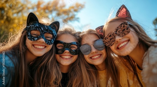 Happy Teenage Girls in Cat Masks - Four smiling teenage girls wearing cat masks, outdoors, friendship, fun, Halloween photo