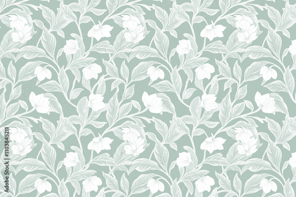 Fototapeta premium Toile pattern tapestry. Arts and crafts. Monochrome botanical pattern background. Created with Generative AI technology