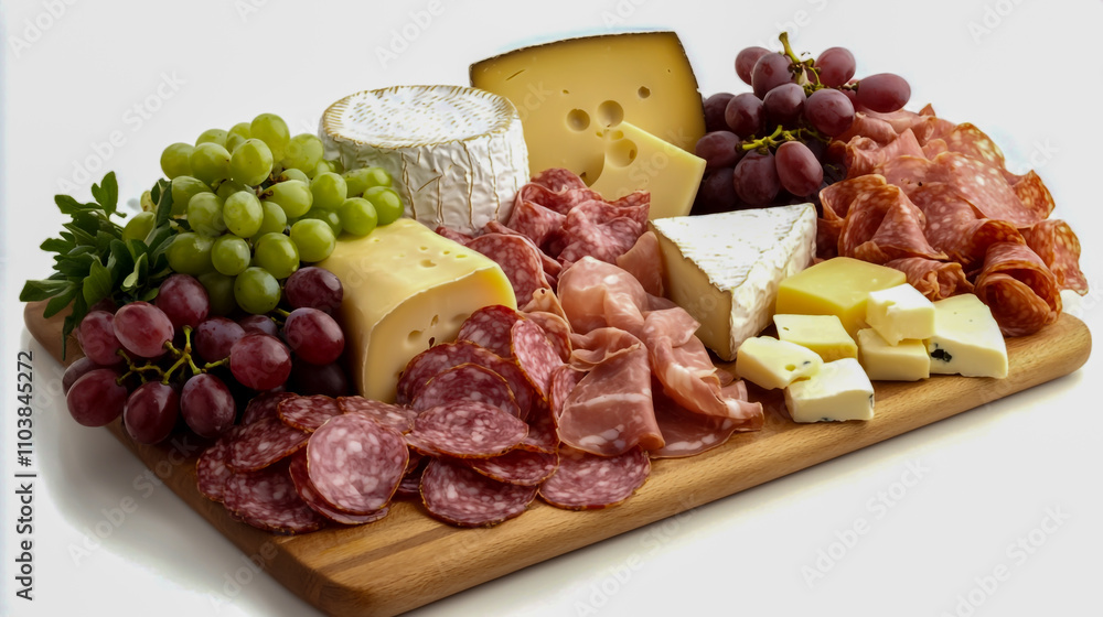 Charcuterie board with a variety of cheeses, meats, and grapes on a white background Charcuterie board with a variety of cheeses, meats, and grapes on a white background