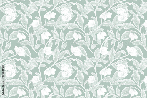 Toile pattern tapestry. Arts and crafts. Monochrome botanical pattern background. Created with Generative AI technology