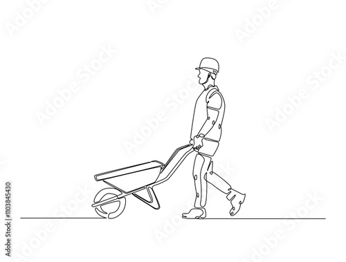 Continuous line drawing art of worker walking with wheelbarrow. Man pushing wheelbarrow in single line draw with editable stroke.