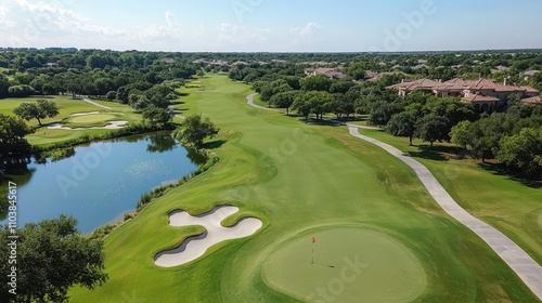Aerial View of Green Golf Course with Water Feature and Sand Trap