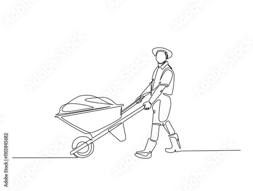 Continuous line drawing art of worker walking with wheelbarrow. Man pushing wheelbarrow in single line draw with editable stroke.