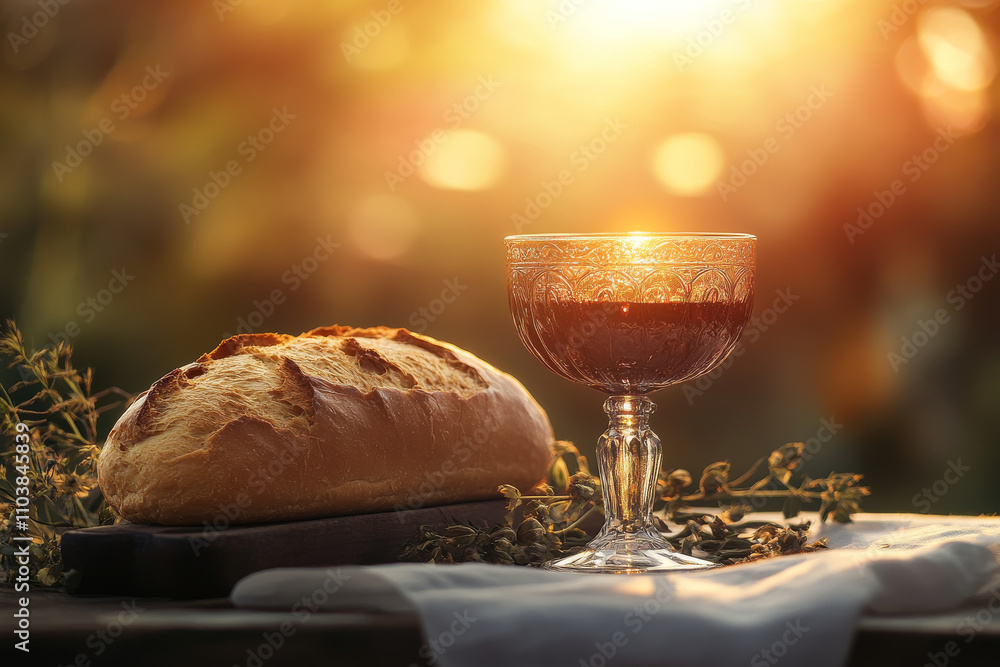 Obraz premium A symbolic representation of the Holy Communion with a loaf of bread and a chalice of wine on an altar. The setting is peaceful, with warm, soft light highlighting the sacred symbols of Christ's body