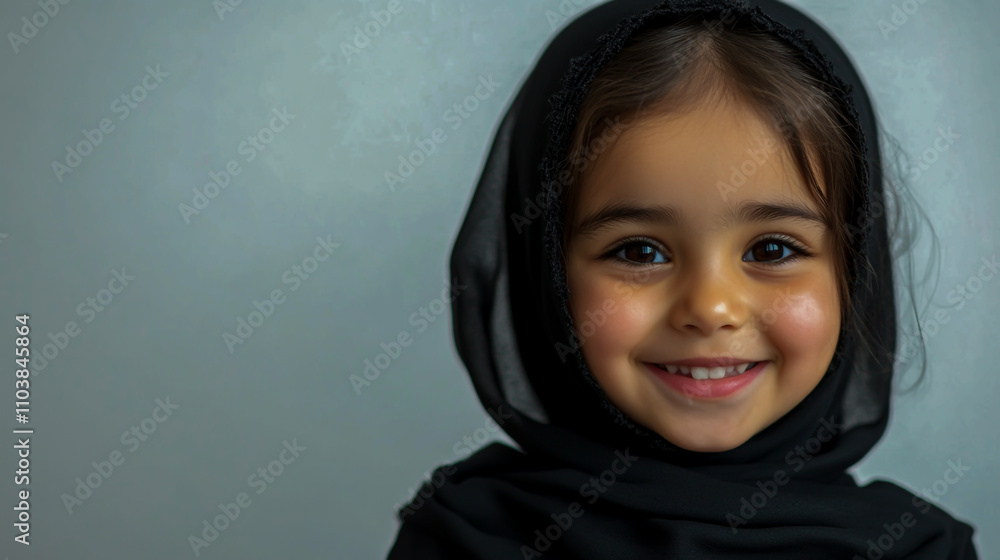 Cheerful little girl wearing a black headscarf, a cute school student smiling against a white background Cheerful little girl wearing a black headscarf, a cute school student smiling against a white background