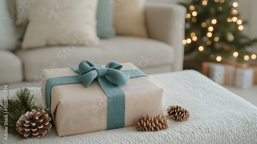 Cozy Christmas gift, wrapped in beige wool, adorned with a teal ribbon and pine cones. Festive Christmas atmosphere.