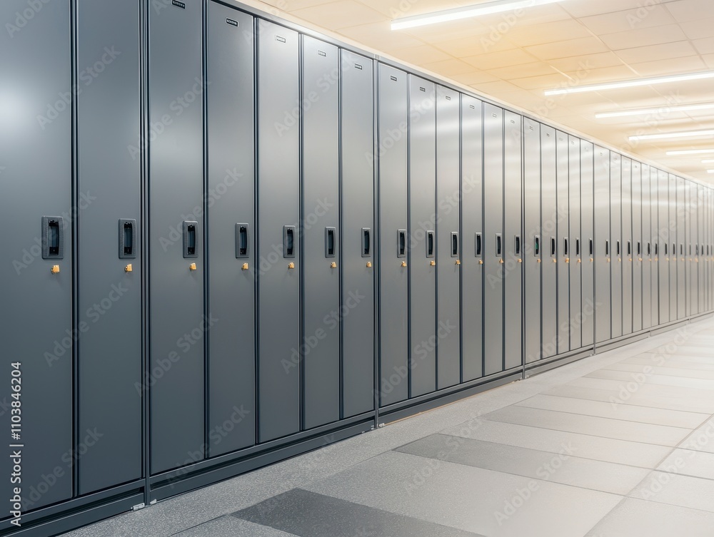 Locker room facility concept. Modern gray lockers in a well-lit hallway. Locker room facility concept. Modern gray lockers in a well-lit hallway.