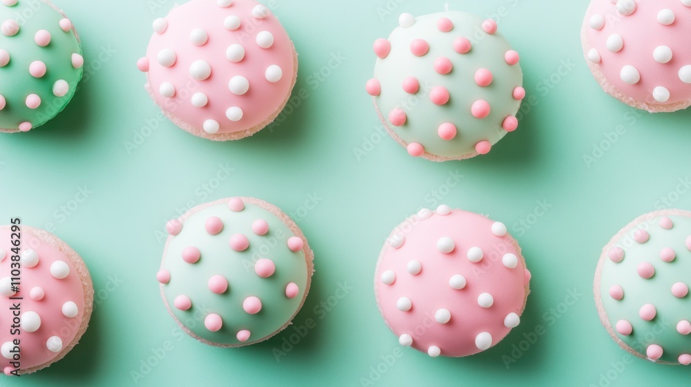 Colorful cupcakes with polka dot frosting arranged on a pastel background. Colorful cupcakes with polka dot frosting arranged on a pastel background.